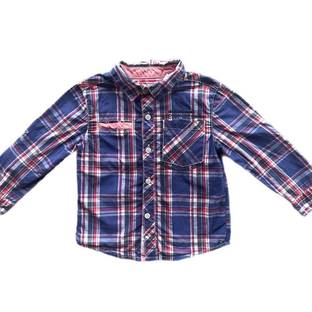 Guess Boys Blue Red Plaid Button Down Shirt Size 24 Months